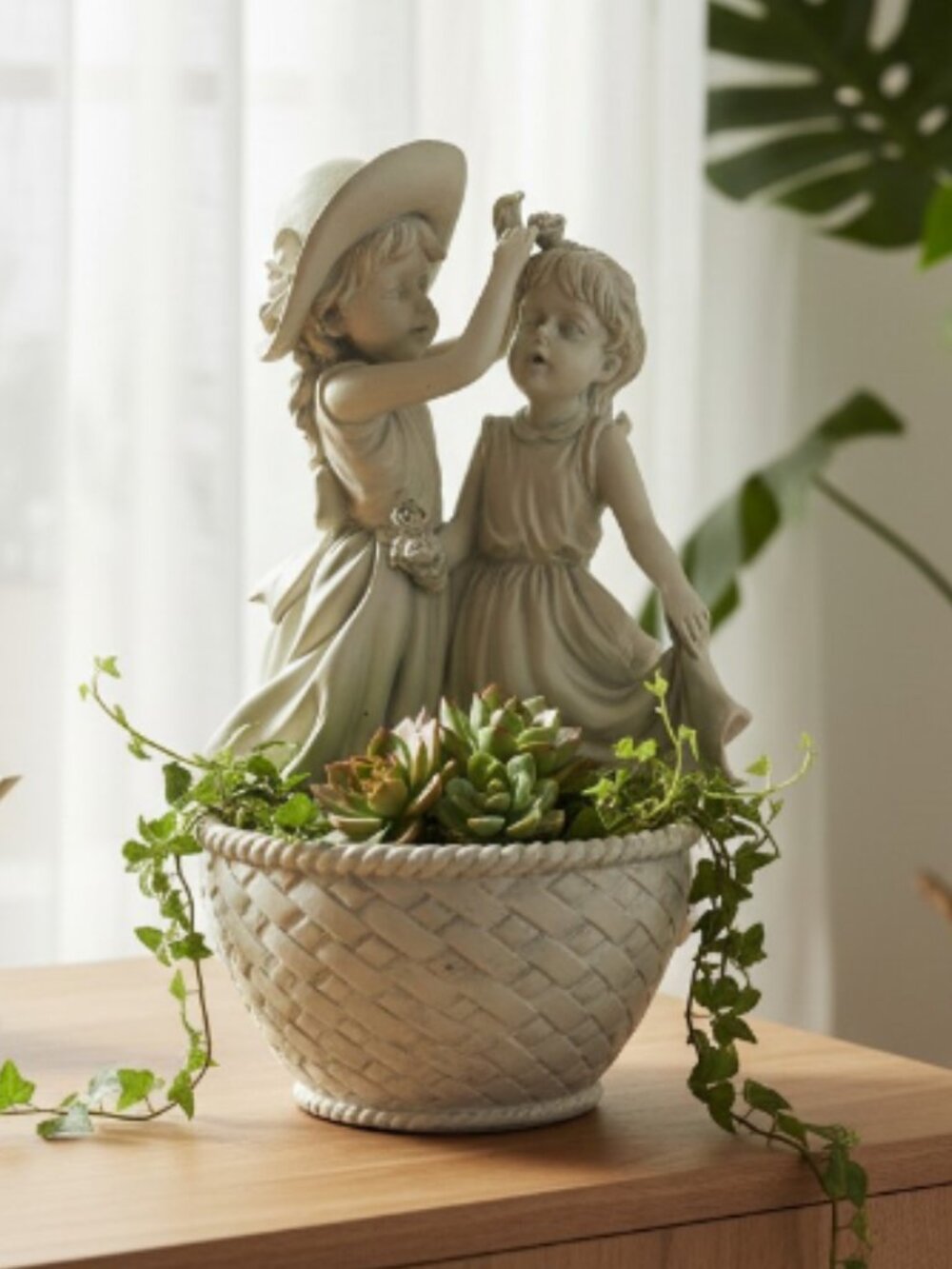 PLANTER -- Resin Sisters Figurines, Planter/Candy Dish/Jewelry, Removable Bowl